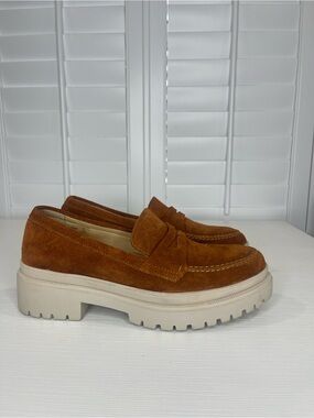 Portland Leather Goods Patina Chunky Suede Penny Loafers in Cognac Brown